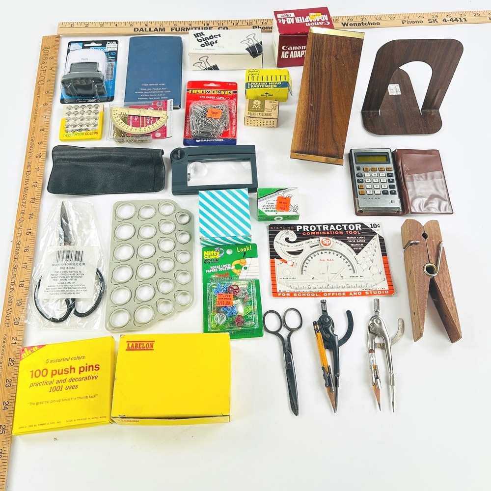 Office Supplies Lot Vintage Desk Accessories Clips Scissors Calculator Calendar